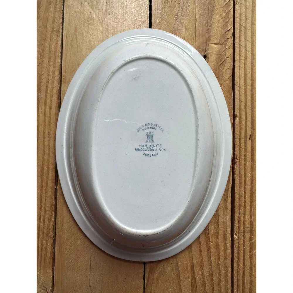 Antique Higgins & Seiter England hotel ware oval stoneware serving bowl blue Flo